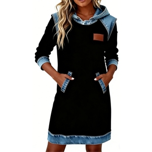 Robe sweat à capuche en jean pour femme - Tunique à manches longues avec poches plaquées - Robes tendance pour femme - Product Image 5