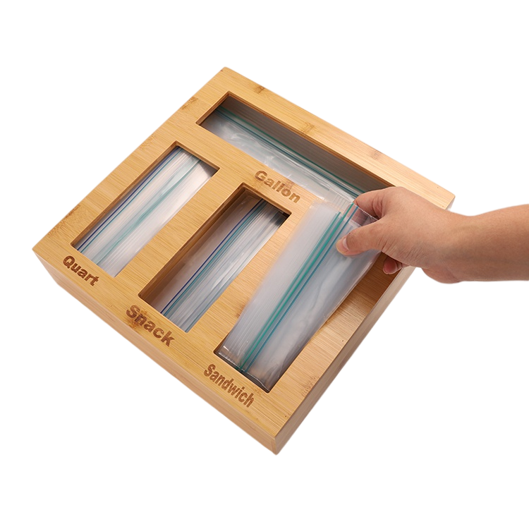 Natural Wooden Bamboo Kitchen Food Ziplock Bag Drawer Holder Rack Storage Organizer