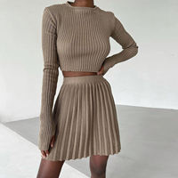 Vêtements de sport décontracté fille Sexy manches longues haut tricoté Mini robe costume femmes pull Tennis 2 pièces jupe ensemble plissé