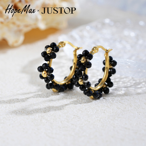Boucles d'oreilles créoles plaquées or avec perles de cristal noir, bijoux de luxe pour femmes, à porter au quotidien - Product Image 5