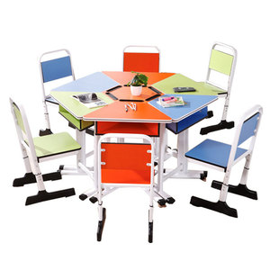Muebles de escuela <span class=keywords><strong>primaria</strong></span> combinación moderna escritorio y silla Hexagonal para estudiantes Mesa trapezoidal escolar para aula inteligente - Product Image 1