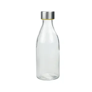 Botella de agua de vidrio transparente con tapa de metal, para comedor y cantina, venta al por mayor, 0.5L