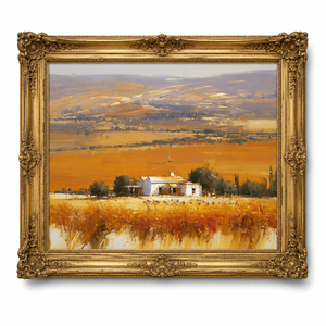 Dipinto a Olio Golden Harvest Field, Stile Vintage con Cornice Dorata, Paesaggio Rustico su Tela, Arte Murale Fatta a Mano, Dimensioni Personalizzabili per Hotel/Villa - Product Image 1