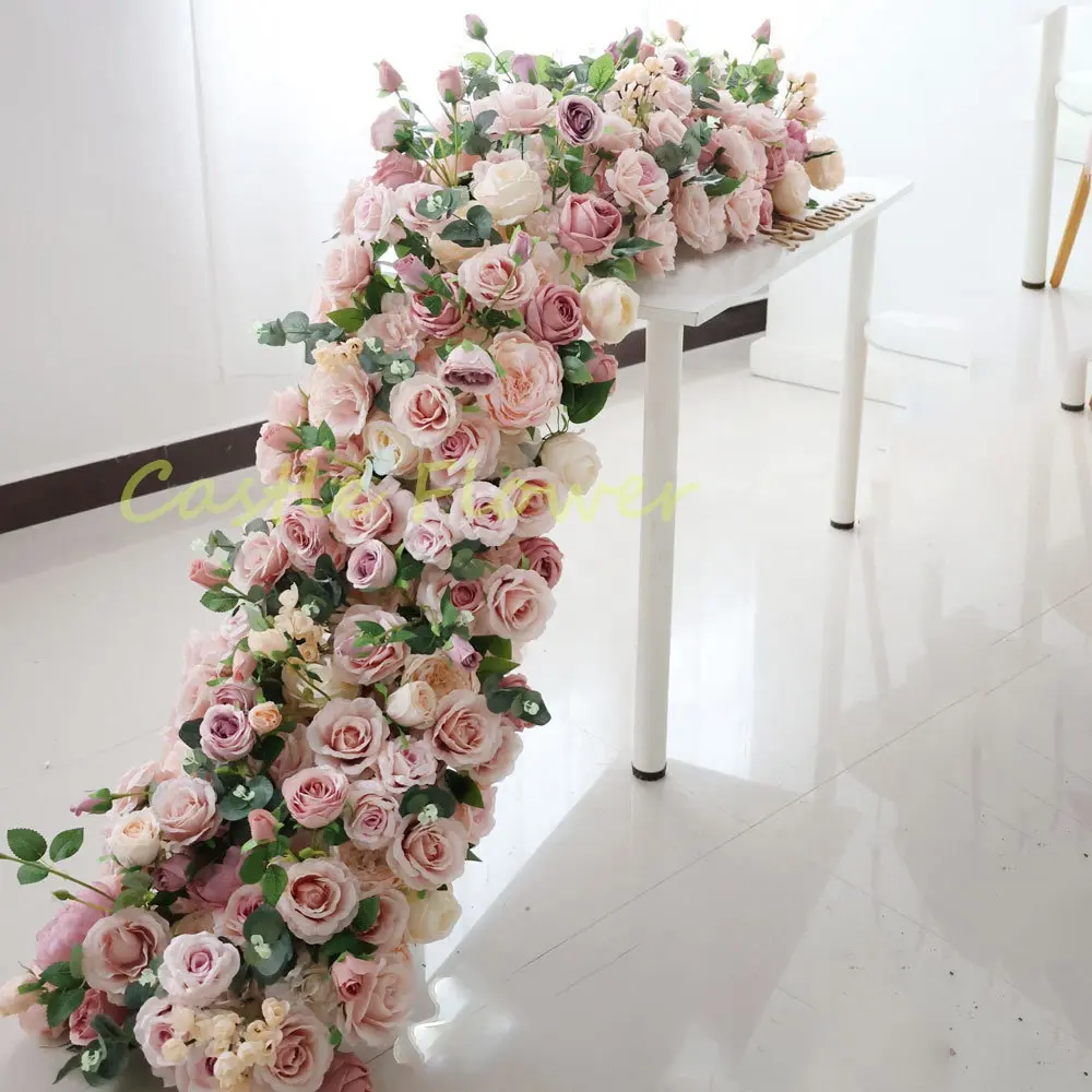 O-R001 Wedding Drops Branco Rosa Seda Flores Row Artificial Flower Garland Mesa Centerpieces Flower Runners for Wedding Arch