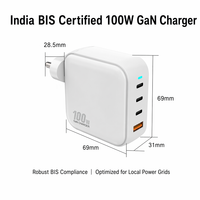 Charger Desktop GaN 100w Colokan India Tipe C USB-A, Charger Dinding 2 Tipe C 1 USB-A, Adaptor Daya