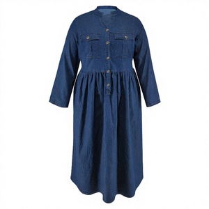 <b>Plus</b> <b>Size</b> Women's Denim <b>Dress</b> Long Sleeve Mandarin Collar Floor-Length Casual Loose Fit Solid Color Button Front Empire Waist - Product Image 3