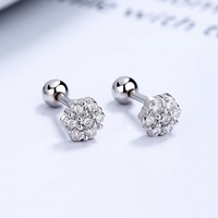 Anting-anting kancing bunga bulat perak sterling 925 zircon, anting-anting manis