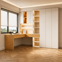 Bureau d'angle en L personnalisé, ton bois, avec bibliothèque vitrée LED intégrée, meuble de rangement pour bureau à domicile
