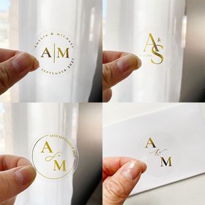 Pegatinas de Boda Redondas Personalizadas con Monograma, Diseño de Eucalipto y Lámina Dorada - Product Image 2
