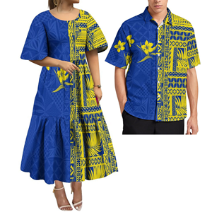 Vestido Popular al por Mayor Personalizado de Manga Corta para Niñas con Patrón Tribal Geométrico Bicolor de Palma, de Poliéster, Estilo Islas del Pacífico - Product Image 1