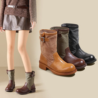 Bottes mi-mollet pour femme style cowboy rétro, avec boucle latérale, bout rond, talon carré, bottes western pour femme, pour l'automne, occasions en plein air
