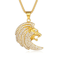 Liontin Singa Berlapis Emas Anti Air dari Baja Tahan Karat dengan Zirkon, Kalung Kepala Singa, Perhiasan Hip Hop Kustom Grosir