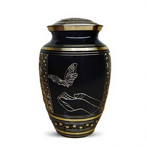 Black Cremation Urn with Gold <b>Butterfly</b> and Hands Design for Adult Funeral Urn Handmade Large Brass Memorial Urn With Lid - Product Image 1