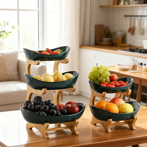 Factory Custom Decorative 3 Tiers Ceramic Fruit <strong>Candy</strong> Dish <strong>Tray</strong> Cake Stand Fruit <strong>Tray</strong> with Bamboo Stand - Product Image 4