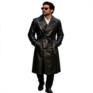 <b>Men</b> Genuine Leather <b>Long</b> Trench <b>Coat</b> Notched Lapel Single Breasted Overcoat With Pockets Regular Fit - Product Image 1