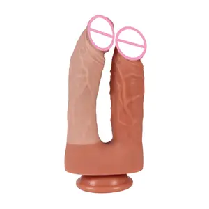 Vibrador anal duplo lésbico realista artificial massageado vibrador anal de cabeça dupla fabricante de ventosas