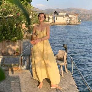 Yellow <b>Spaghetti</b> Strap Dress Loose Waist Solid Color Women Summer Casual <b>Long</b> Dress - Product Image 3