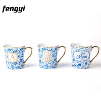 Tasses personnalisées en céramique florale bleue faites à la main avec poignée en or tasse à café pour maman