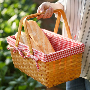 Cesta de Picnic Rectangular Rústica de Mimbre Ecológica con Doble Asa y Asa Móvil, Cesta Multifuncional para Almacenamiento de Frutas y Regalos - Product Image 4