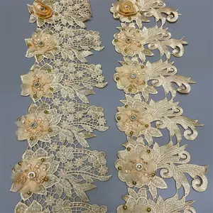 Großhandel Anpassung Bestickte Perlen Spitze Strass Handgemachte 3D Blumen Polyester Guipure Stickerei Spitze Trim Stoff