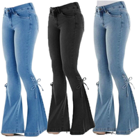 Grosir Celana Jeans Wanita Sehe Fashion, Model Flare, Warna Light Wash, Kasual, Pinggang Sedang, Tali Ikat, Bahan Denim Stretch, Bernapas