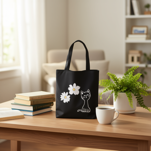 Bolsos de Tela Negros de 32x37cm con Diseño de Gato y Flor para Uso Diario - Product Image 2