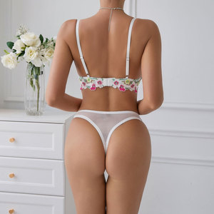 Ensemble soutien-gorge et culotte brodés fleurs sexy, lingerie transparente en dentelle ajourée, broderie machine - Product Image 6