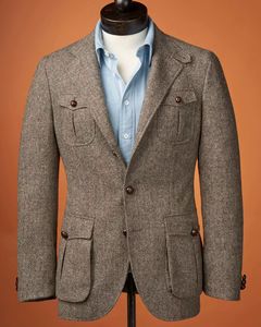 <span class=keywords><strong>Tweed</strong></span> à carreaux personnalisé costume trois pièces pour hommes costume pour hommes <span class=keywords><strong>marron</strong></span> formel 3 pièces Slim Fit pointe revers doux mariage garçons d'honneur <span class=keywords><strong>Blazer</strong></span> - Product Image 2