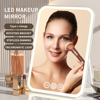 Miroir de maquillage LED pliable de table, carré, en verre, rechargeable par USB, finition argentée, écran tactile portable, marque personnalisée, vente en gros