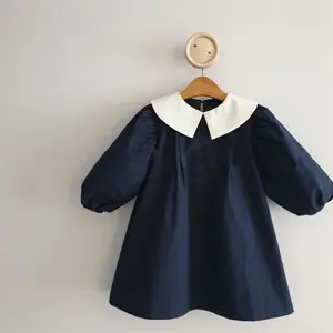 Thời Trang Thủy Thủ Cổ Áo Cô Gái Dresses Cotton Vải Mềm Trẻ Em May Mặc Cho 1-7 Năm Cô Gái Puff Tay Áo Mùa Hè Trang Phục Cho Trẻ Em