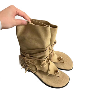Bottines <span class=keywords><strong>Femme</strong></span> Automne-Été 2026 à Bout Pointu, Lacets Rayés, Talon Plat Bas, Style Coréen Souple, Détails <span class=keywords><strong>Chic</strong></span> à Pompons, Usage Quotidien - Product Image 5