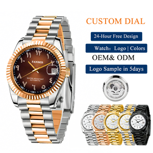 Montres mécaniques pour hommes avec logo personnalisé OEM, mouvement japonais <span class=keywords><strong>NH35</strong></span>, chiffres arabes en or rose - Product Image 1
