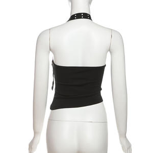 एगी काले असममित हैल्टर टॉप और स्टड शॉर्ट्स सेट महिलाओं के कपड़े 2 टुकड़े शर्ट ब्लाउज और शॉर्ट्स सेट - Product Image 6