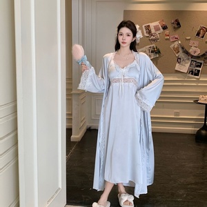 Meryjia Set di indumenti <span class=keywords><strong>da</strong></span> <span class=keywords><strong>notte</strong></span> di lusso 2 pezzi Vintage <span class=keywords><strong>camicie</strong></span> <span class=keywords><strong>da</strong></span> <span class=keywords><strong>notte</strong></span> <span class=keywords><strong>lunghe</strong></span> <span class=keywords><strong>da</strong></span> <span class=keywords><strong>donna</strong></span> e vestaglia in raso di seta con motivo solido - Product Image 2
