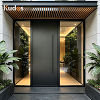 Porte d'entrée pivotante moderne en acier noir pour villa, porte de sécurité extérieure en acier avec vitrage fixe latéral