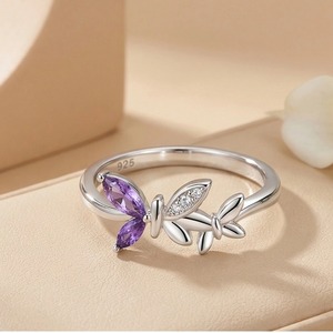 S925 améthyste papillon bague Design bijoux plaqué rhodium élégant violet pierre précieuse zircon cubique bague en argent Sterling pour les femmes - Product Image 2