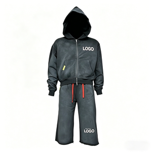 Custom <b>Zip</b> <b>up</b> Hooded <b>Jacket</b> Joggers 100% Cotton Sweatwear 7-point Pants Tracksuit Mne's Sweatpants and Hoodie Set - Product Image 1