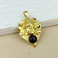 Colgantes con Forma de Hoja de Bódhi Chapados en Oro de Estilo Religioso, Piedra Natural con Incrustaciones de Amatista y Rodonita, Colgante de Cabeza de Buda, Amuleto, Joyería