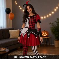 Ensemble de costumes de cosplay de clown maléfique pour femmes, mini-robe à rayures asymétriques et imprimé diamant avec col à pompons