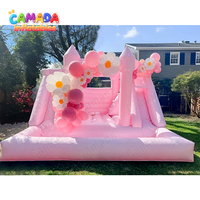 Château gonflable rose pastel de grande taille avec double toboggan, protection UV et imperméable, certifié CE