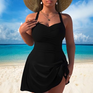 Traje de baño de una pieza de talla grande para mujer, con cuello halter cruzado, efecto adelgazante, ropa de playa, vestido de baño negro, moda de verano - Product Image 1