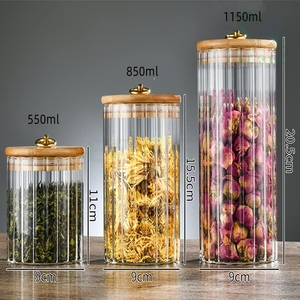 Boîtes de rangement pour épices, noix, thé, café, contenants alimentaires, pots en verre avec couvercles en bambou, hermétiques et à rayures - Product Image 5