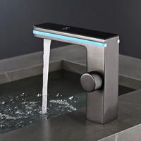 Robinet de salle de bain intelligent numérique LED de luxe moderne avec lampe, mitigeur monocommande en laiton noir pour lavabo
