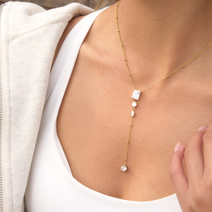Collar de cadena en forma de Y con circonita, colgante geométrico de acero inoxidable para mujer, joyería para fiestas - Product Image 4