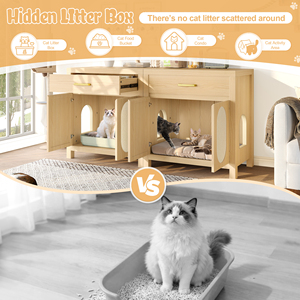 Mueble oculto de madera para caja de arena de gatos con puertas rascadoras y cajón de almacenamiento para uso en el baño de los gatos. - Product Image 6