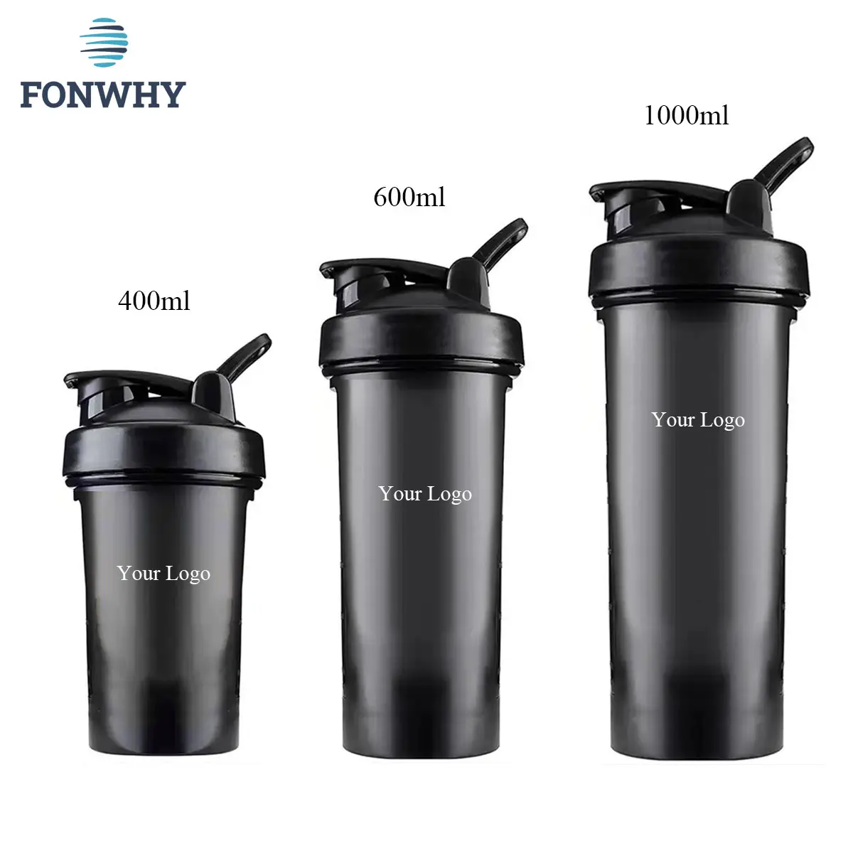 Fonwhy logotipo personalizado sin BPA PP plástico deportes gimnasio Fitness Drinkware a prueba de fugas licuadoras de proteínas agitador botella de agua coctelera tazas