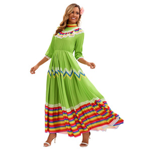Vestido largo verde de estilo étnico mexicano con ribete de arcoíris para actuaciones en escenario, talla adulta para mujer - Product Image 3