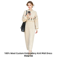 Robe midi en tricot torsadé épais pour femme, 100 % laine, broderie florale 3D, manches lanternes à pompons, robe en tricot, pas du coton, vente en gros OEM