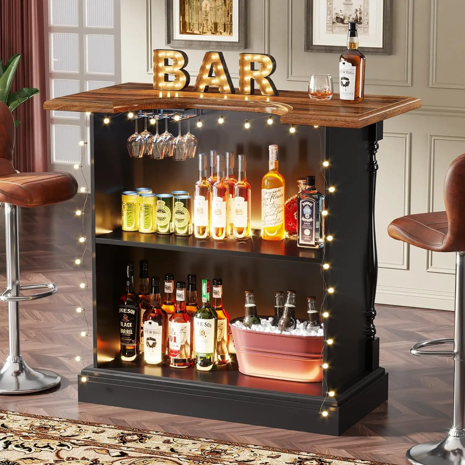 Tribehome ev Mini Bar, 47 inç likör Bar masası 3 katmanlı depolama rafları ve şarap bardakları tutucu ahşap şarap Bar dolabı