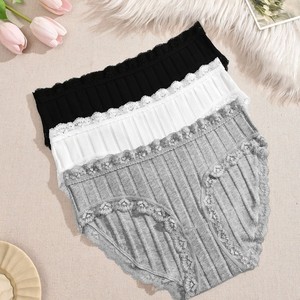Wholesale Solid Color Panties Soft Vertical Strip Cotton Full Lace Waist &amp; <strong>Leg</strong> <strong>Opening</strong> Mid Rise Daily <strong>Women</strong> Underwear - Product Image 2